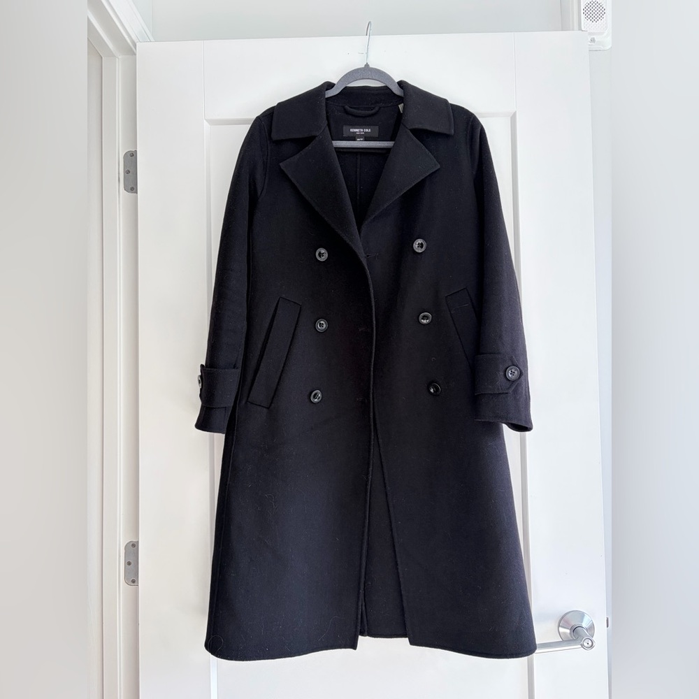 Kenneth Cole XS Double-Faced Wool Coat – Black Double-Breasted Long Coat